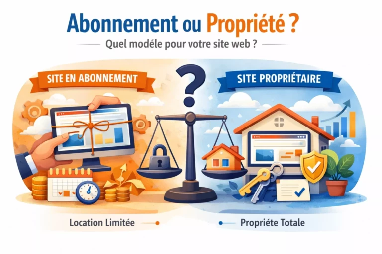 Comparaison entre site web en abonnement et site web propriétaire, illustrant la différence entre location limitée et propriété totale d’un actif numérique.