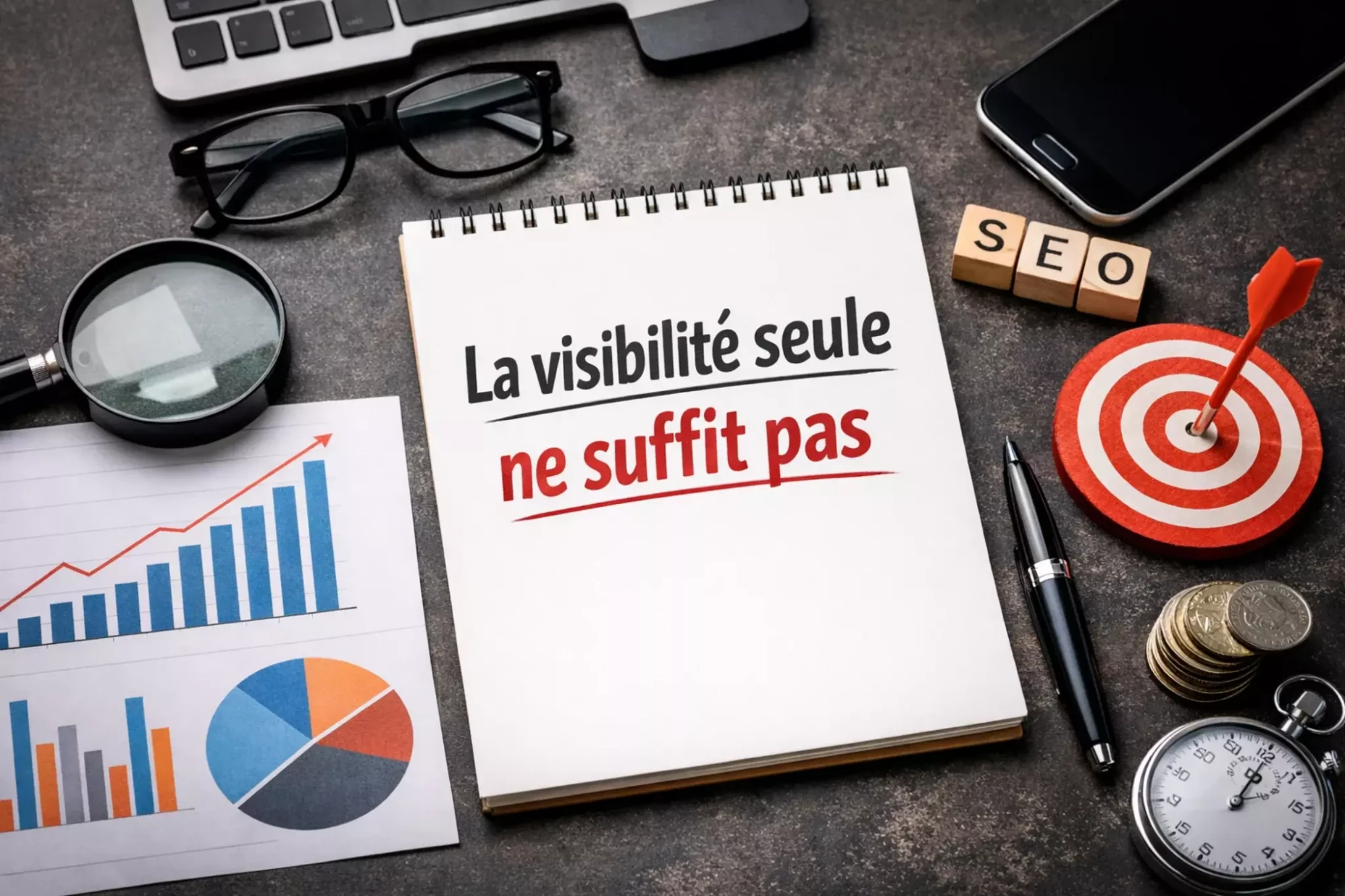 Carnet posé sur un bureau avec le message “La visibilité seule ne suffit pas”, entouré d’outils liés au marketing et à l’analyse de performance