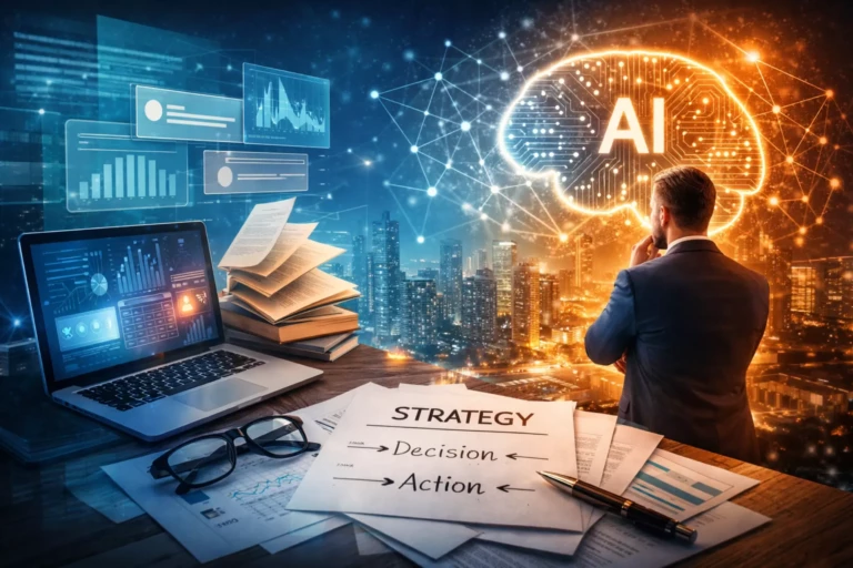 Dirigeant observant une ville futuriste avec intelligence artificielle symbolisant la transformation du savoir en stratégie dans l’ère de l’IA