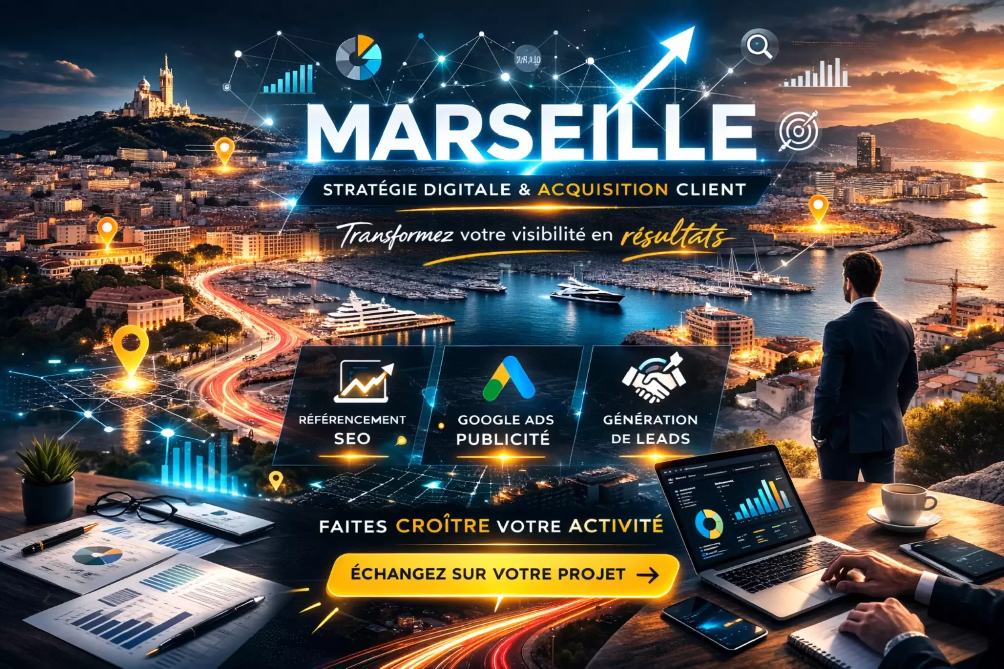 Stratégie digitale à Marseille avec SEO, Google Ads et génération de leads pour développer son activité locale