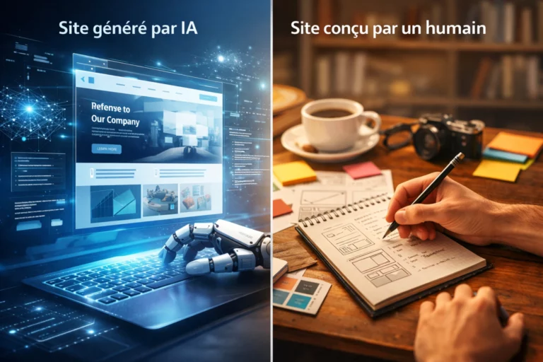 Illustration comparant un site généré par intelligence artificielle et un site conçu par un humain à partir d’une réflexion stratégique.