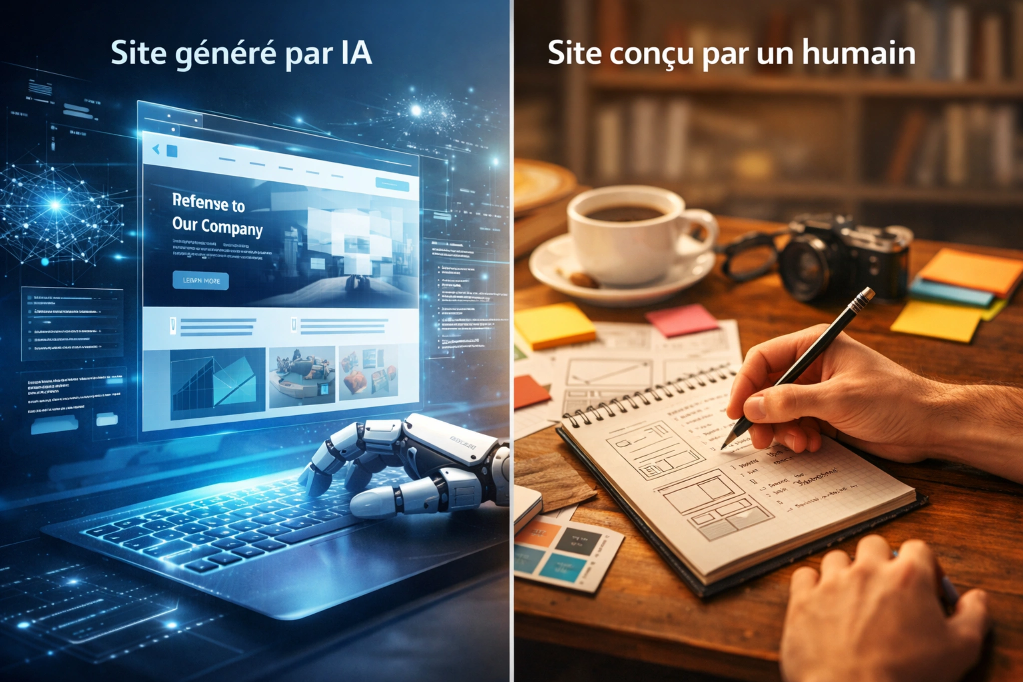 Illustration comparant un site généré par intelligence artificielle et un site conçu par un humain à partir d’une réflexion stratégique.