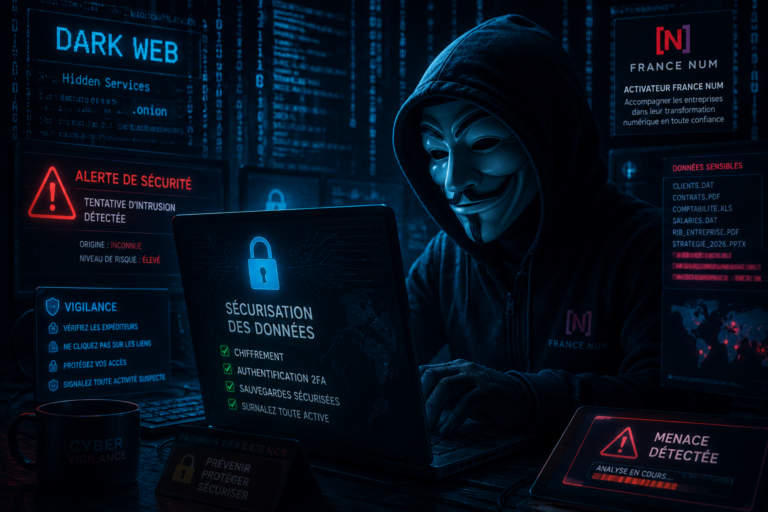 Hacker avec masque Anonymous devant plusieurs écrans dans un univers dark web lié à la cybersécurité et au piratage informatique.
