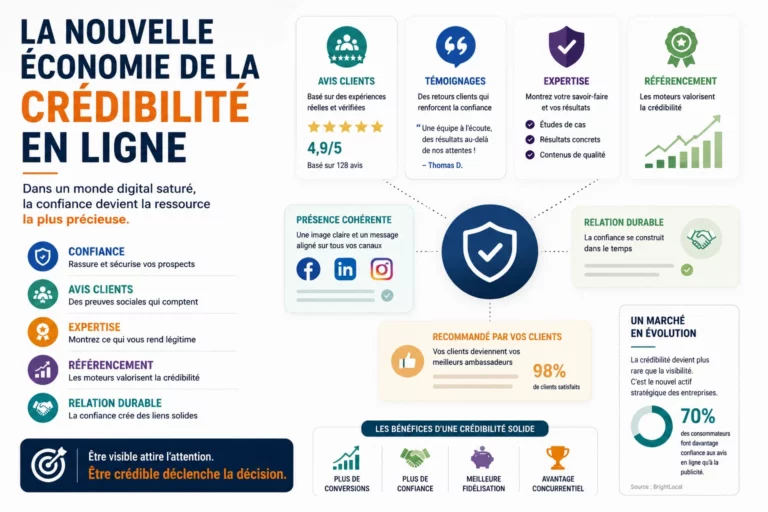Illustration sur la crédibilité en ligne montrant l'importance des avis clients, de l'expertise, du référencement et de la confiance numérique.