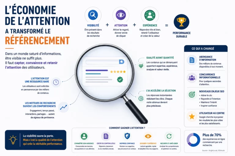 Infographie expliquant comment l'économie de l'attention influence le référencement moderne, la visibilité en ligne et l'expérience utilisateur.