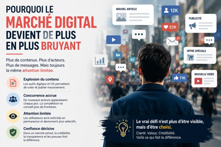 Illustration représentant la saturation du marché digital avec une multiplication des contenus, des publicités et des messages en ligne.