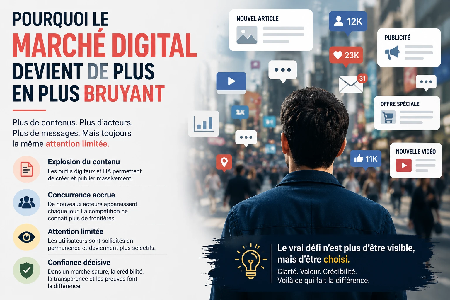 Illustration représentant la saturation du marché digital avec une multiplication des contenus, des publicités et des messages en ligne.